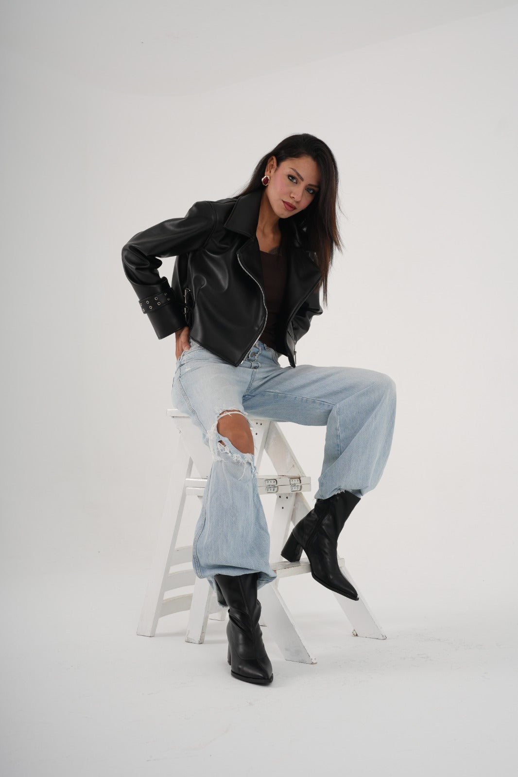 Black cropped leather biker jacket